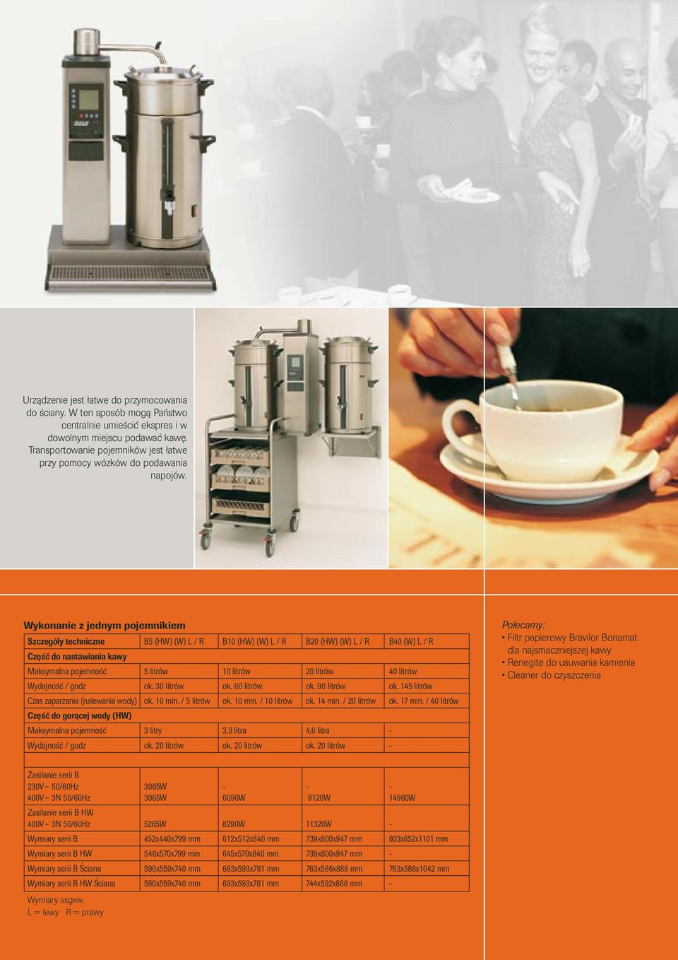 Wykonanie z jednym pojemnikiem Szczegóły techniczne B5 (HW) (W) L / R B10 (HW) (W) L / R B20 (HW) (W) L / R B40 (W) L / R Część do nastawiania kawy Maksymalna pojemność 5 litrów 10 litrów 20 litrów
