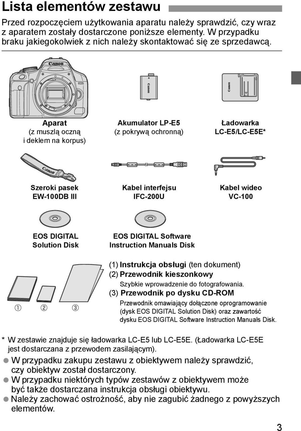 Aparat (z muszlą oczną i delem na orpus) Aumulator LP-E5 (z porywą ochronną) Ładowara LC-E5/LC-E5E* Szeroi pase EW-100DB III Kabel interfejsu IFC-200U Kabel wideo VC-100 EOS DIGITAL Solution Dis EOS