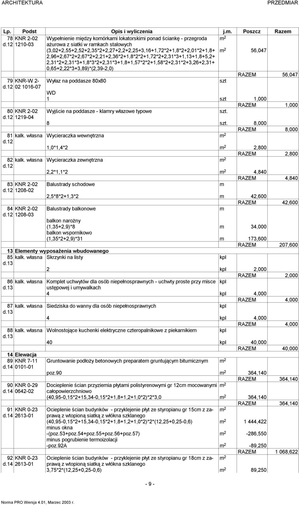 2,31*2+2,31*3+1,8*3*2+2,31*3+1,8+1,57*2*2+1,58*2+2,31*2+3,26+2,31+ 0,65+2,22*3+3,89)*(2,39-2,0) RAZEM 56,047 79 KNR-W 2- Wyłaz na poddasze 80x80 szt d.