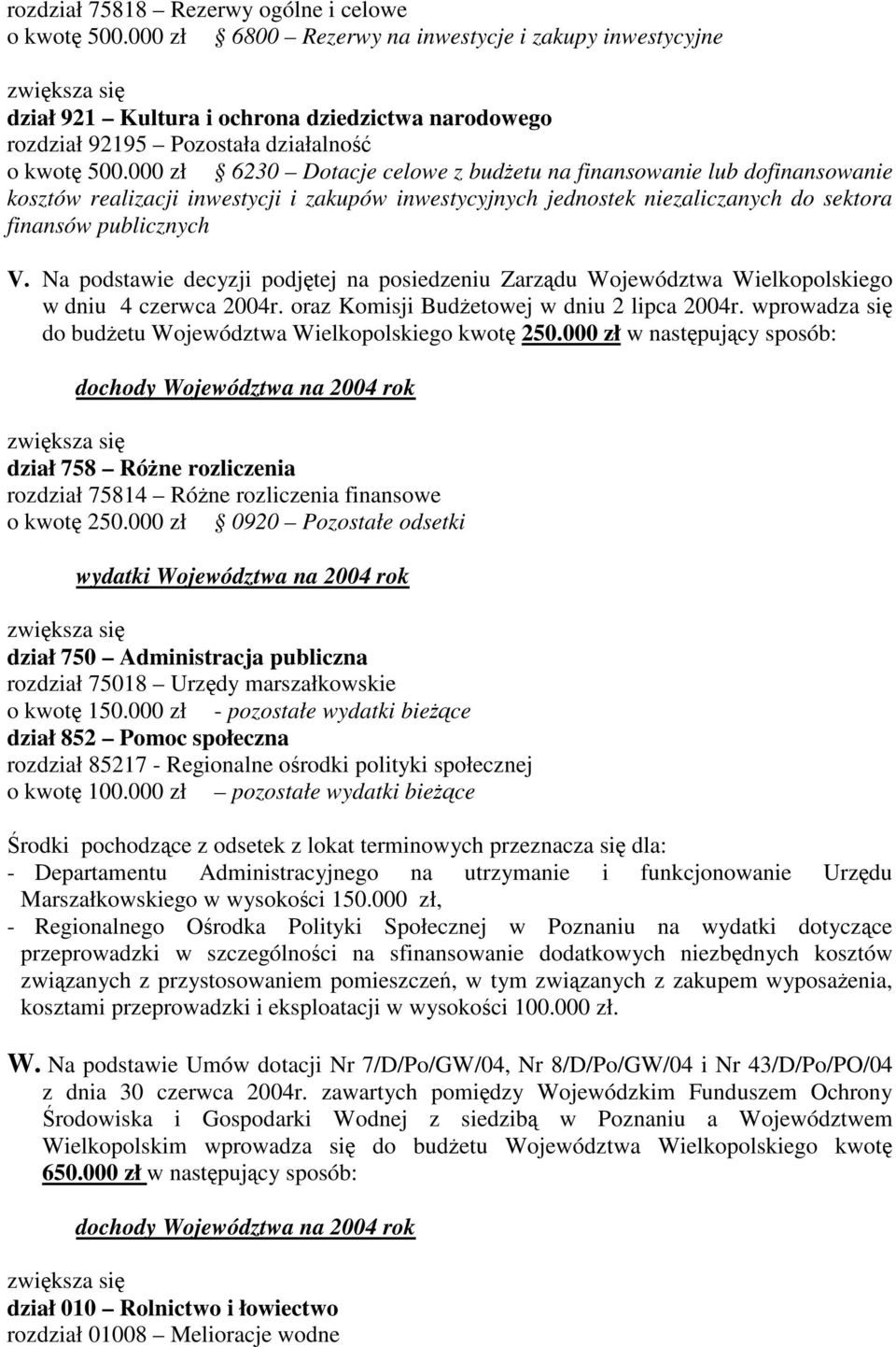 Na podstawie decyzji podjtej na posiedzeniu Zarzdu Województwa Wielkopolskiego w dniu 4 czerwca 2004r. oraz Komisji Budetowej w dniu 2 lipca 2004r.