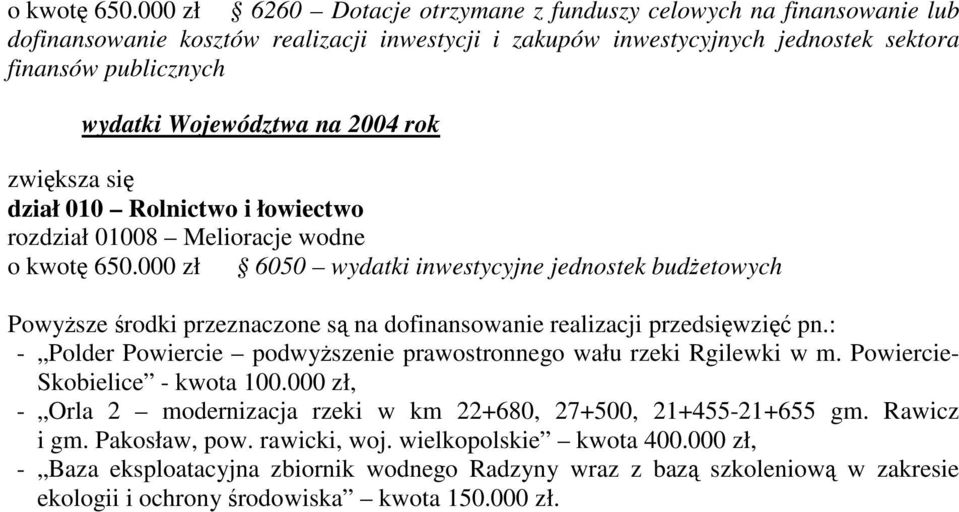 Rolnictwo i łowiectwo rozdział 01008 Melioracje wodne 000 zł 6050 wydatki inwestycyjne jednostek budetowych Powysze rodki przeznaczone s na dofinansowanie realizacji przedsiwzi pn.