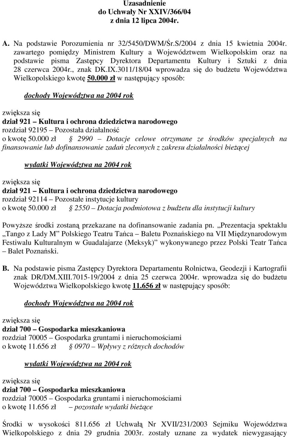 3011/18/04 wprowadza si do budetu Województwa Wielkopolskiego kwot 50.000 zł w nastpujcy sposób: rozdział 92195 Pozostała działalno o kwot 50.