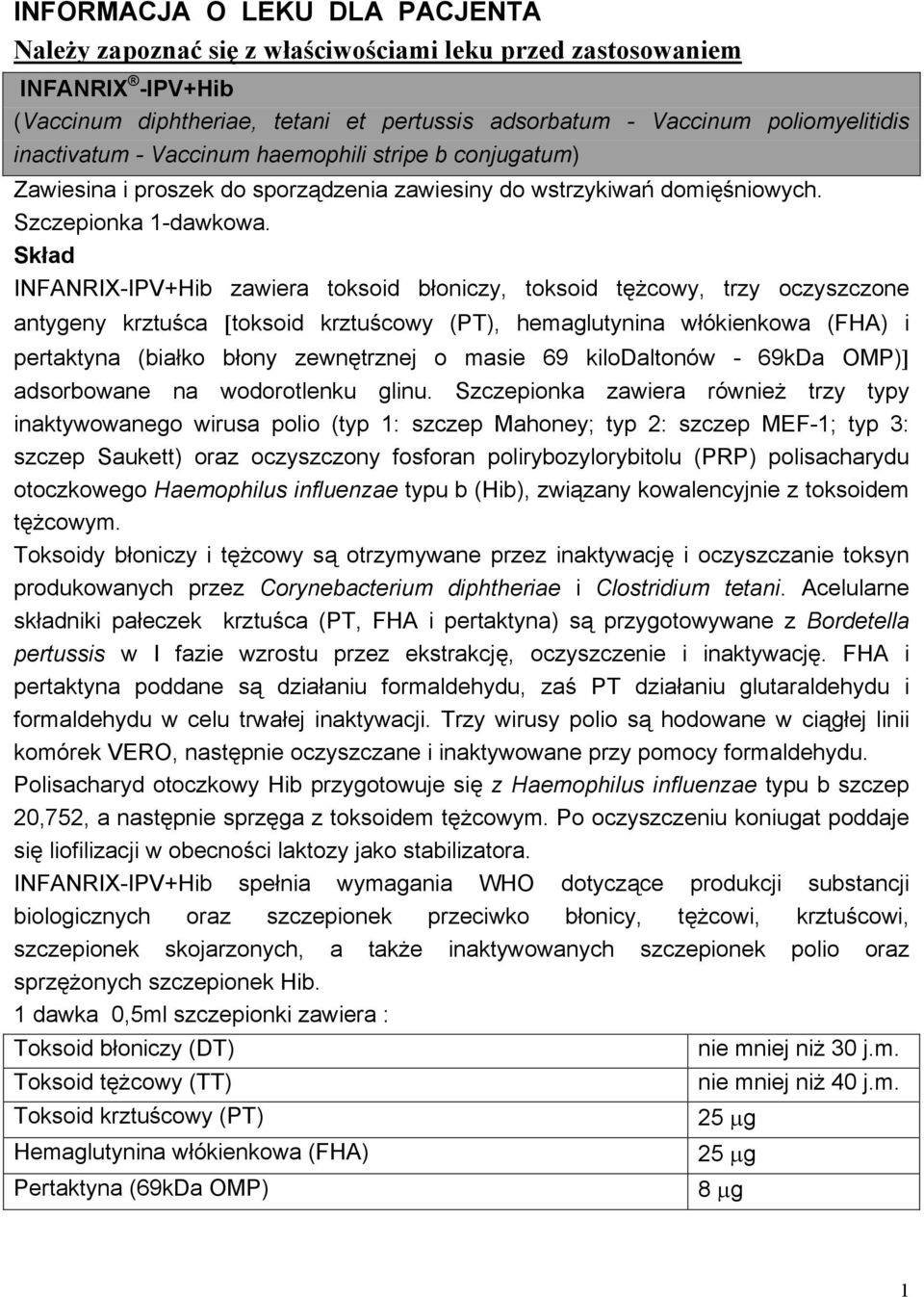 Skład INFANRIX-IPV+Hib zawiera toksoid błoniczy, toksoid tężcowy, trzy oczyszczone antygeny krztuśca [toksoid krztuścowy (PT), hemaglutynina włókienkowa (FHA) i pertaktyna (białko błony zewnętrznej o