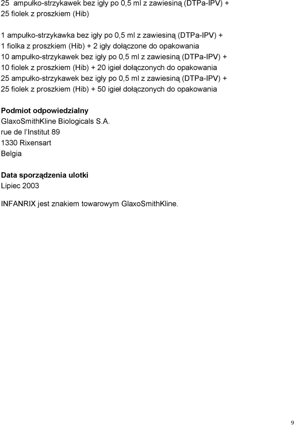 dołączonych do opakowania 25 ampułko-strzykawek bez igły po 0,5 ml z zawiesiną (DTPa-IPV) + 25 fiolek z proszkiem (Hib) + 50 igieł dołączonych do opakowania Podmiot