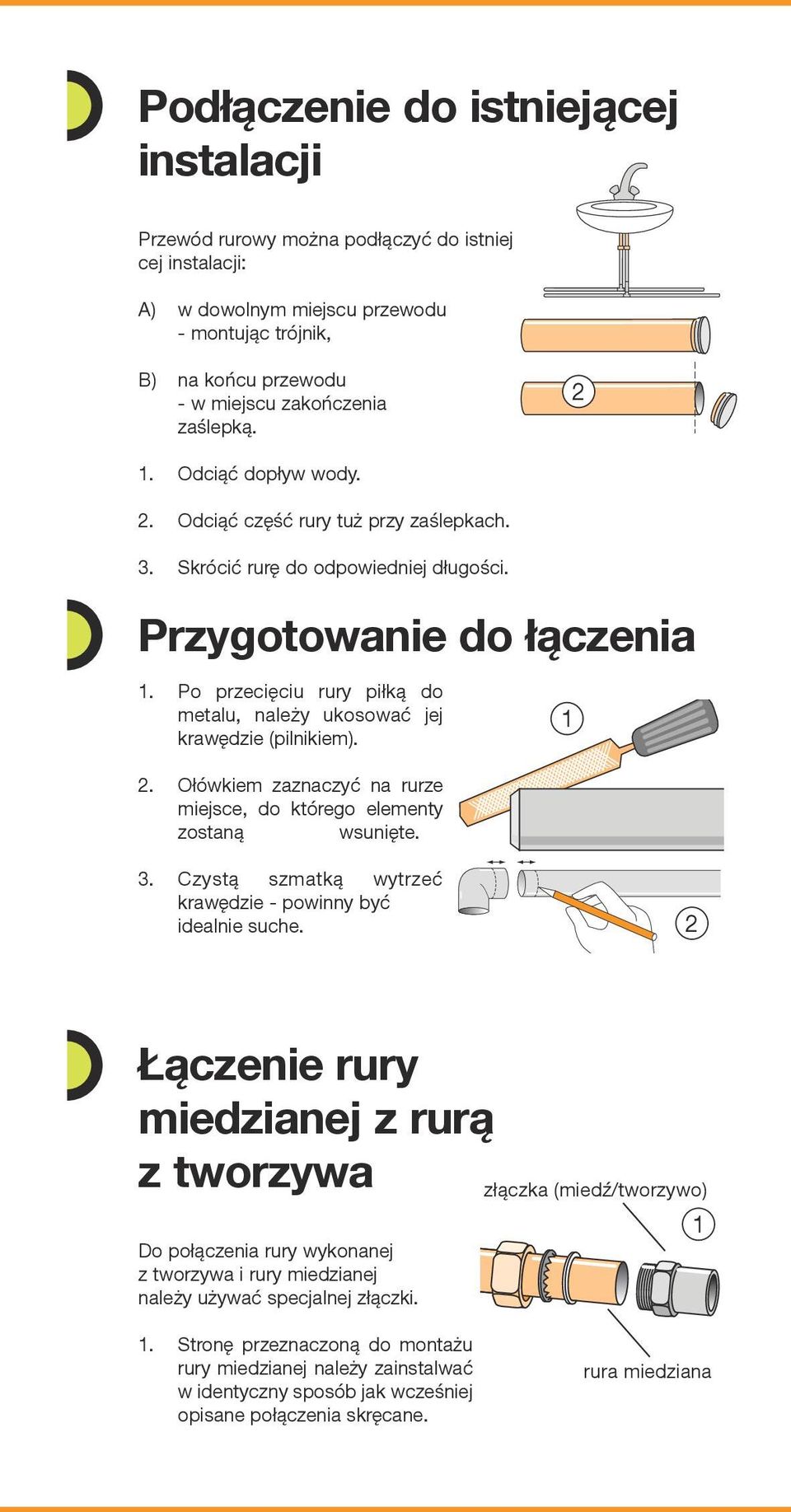 Po przecięciu rury piłką do metalu, należy ukosować jej krawędzie (pilnikiem). 1. Ołówkiem zaznaczyć na rurze miejsce, do którego elementy zostaną wsunięte. 3.