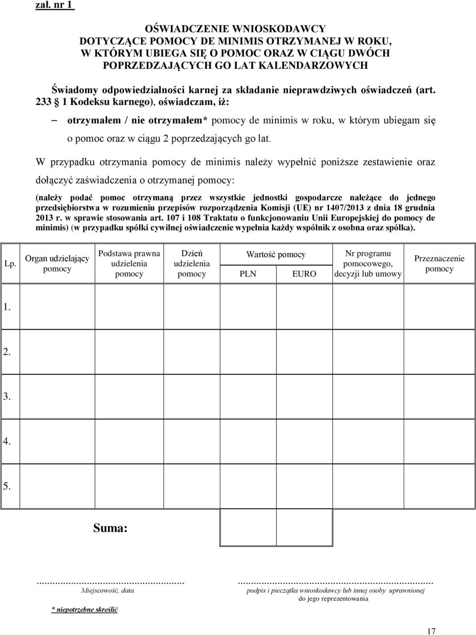 233 1 Kodeksu karnego), oświadczam, iż: otrzymałem / nie otrzymałem* pomocy de minimis w roku, w którym ubiegam się o pomoc oraz w ciągu 2 poprzedzających go lat.