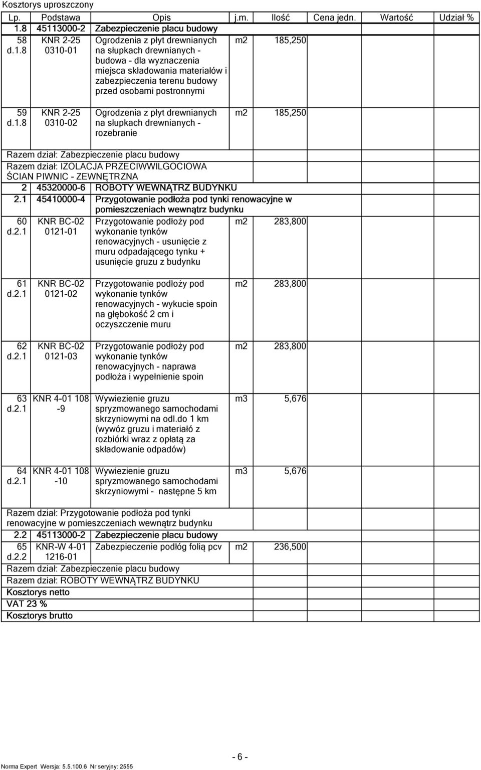 . KNR BC-0 0-0 Przygotowanie podłoży pod wykonanie tynków renowacyjnych - usunięcie z uru odpadającego tynku + usunięcie gruzu z budynku 83,800 6 d.