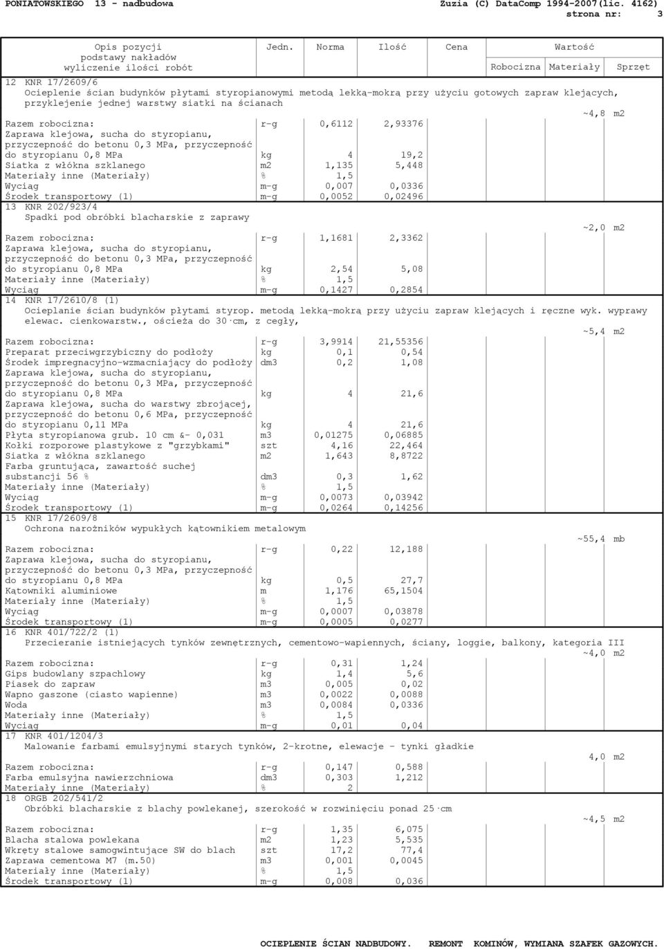 0,007 0,0336 Środek transportowy (1) m-g 0,0052 0,02496 13 KNR 202/923/4 Spadki pod obróbki blacharskie z zaprawy ~2,0 m2 Razem robocizna: r-g 1,1681 2,3362 Zaprawa klejowa, sucha do styropianu,
