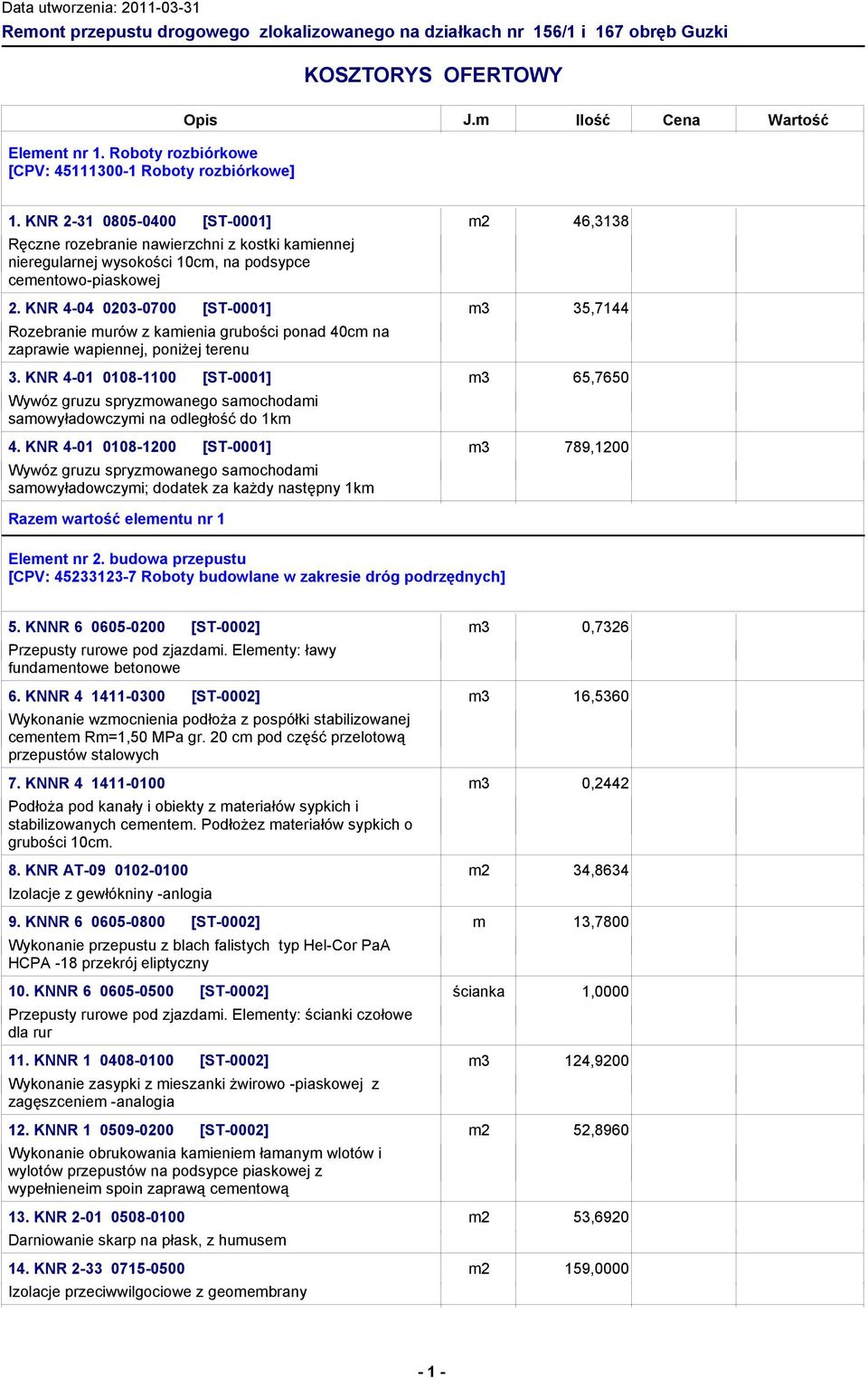 KNR 2-31 0805-0400 [ST-0001] Ręczne rozebranie nawierzchni z kostki kamiennej nieregularnej wysokości 10cm, na podsypce cementowo-piaskowej 2.