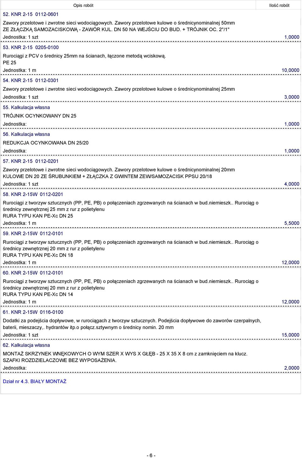 KNR 2-15 0112-0301 Zawory przelotowe i zwrotne sieci wodociągowych. Zawory przelotowe kulowe o średnicynominalnej 25mm Jednostka: 1 szt 3,0000 55.