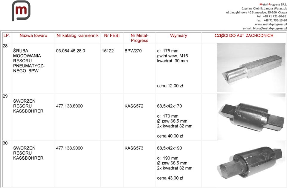 M16 kwadrat 30 mm PNEUMATYCZ- NEGO BPW 29 30 KASSBOHRER KASSBOHRER cena 12,00 zł 477.138.