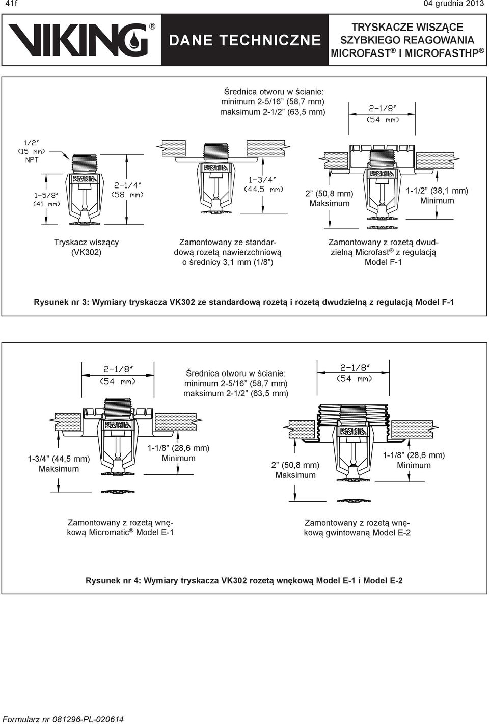 rozetą dwudzielną z regulacją Model F-1 Średnica otworu w ścianie: minimum 2-5/16 (58,7 mm) maksimum 2-1/2 (63,5 mm) 1-3/4 (44,5 mm) Maksimum 1-1/8 (28,6 mm) Minimum 2 (50,8 mm) Maksimum