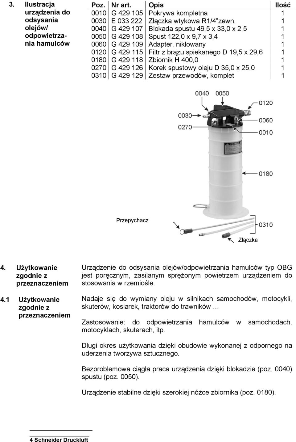 Zbiornik H 400,0 1 0270 G 429 126 Korek spustowy oleju D 35,0 x 25,0 1 0310 G 429 129 Zestaw przewodów, komplet 1 Przepychacz Złączka 4. Użytkowanie zgodnie z przeznaczeniem 4.