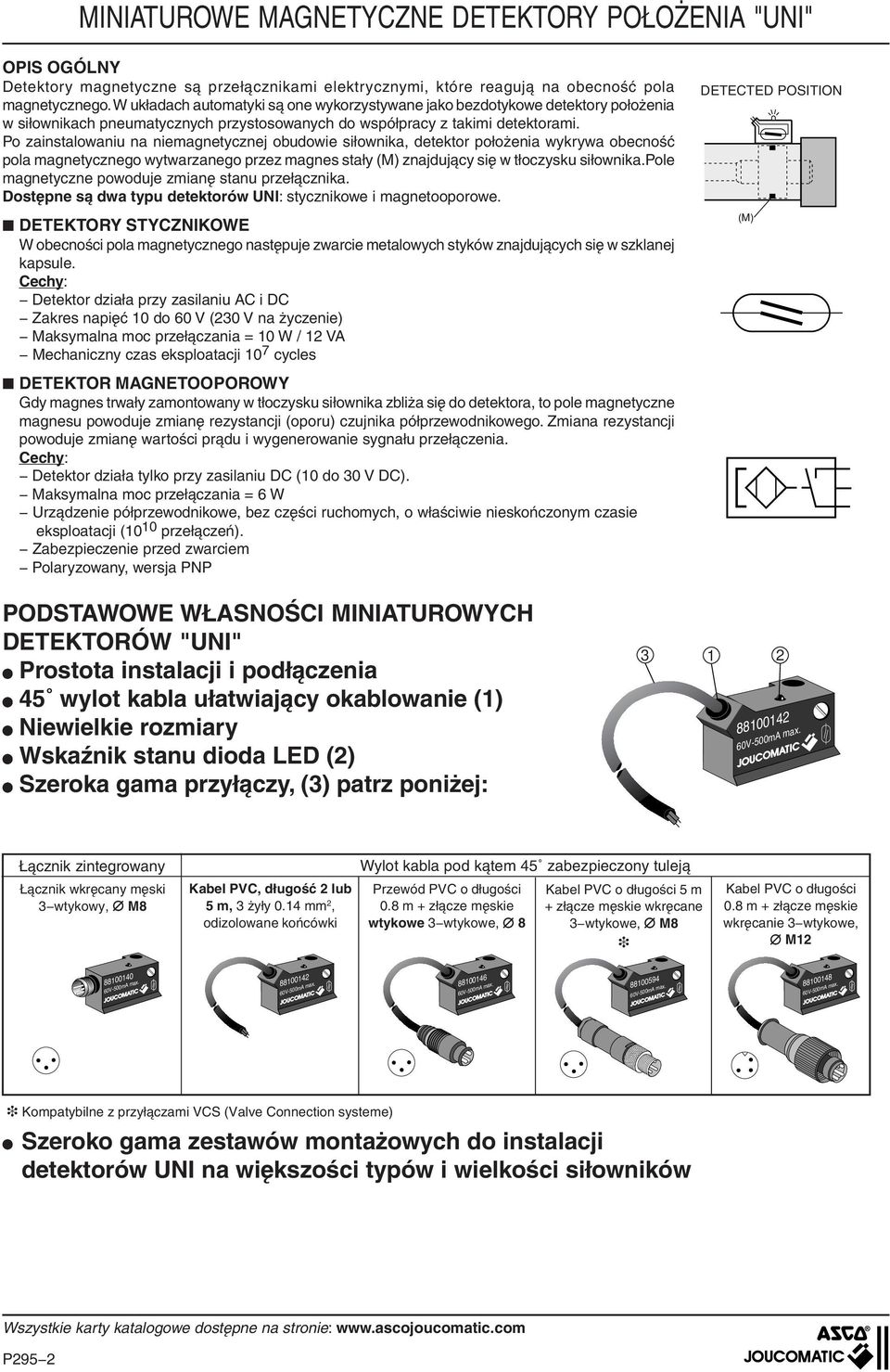 Po zainstalowaniu na niemagnetycznej obudowie, detektor położenia wykrywa obecność pola magnetycznego wytwarzanego przez magnes stały (M) znajdujący się w tłoczysku.