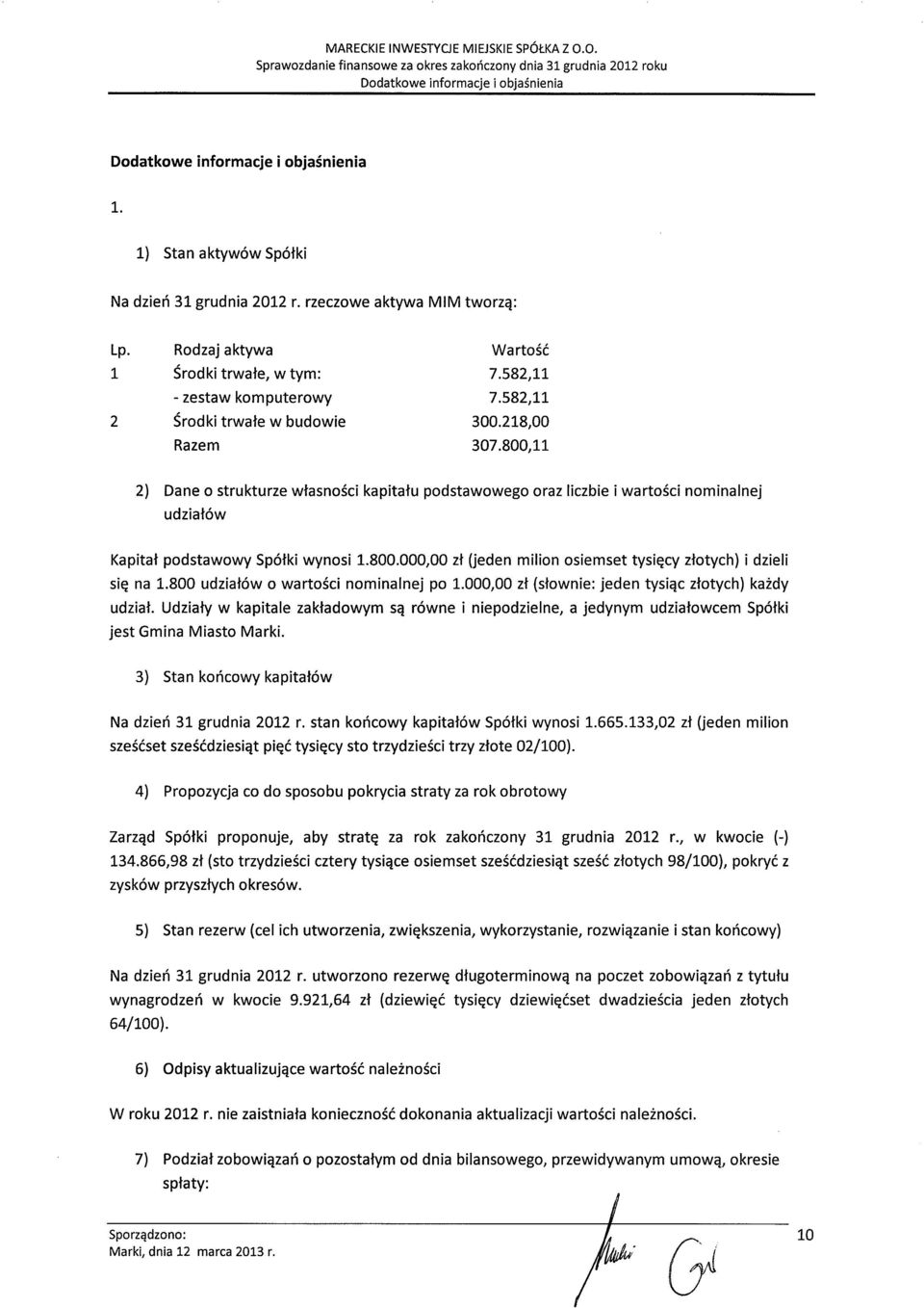 800 udziat6w 0 wartosci nominalnej po.00 zt (stownie: jeden tysiqe ztotyeh) kaidy udziaf. Udziaty w kapitale zaktadowym Sq r6wne i niepodzielne, a jedynym udziatoweem Sp6tki jest Gmina Miasto Marki.