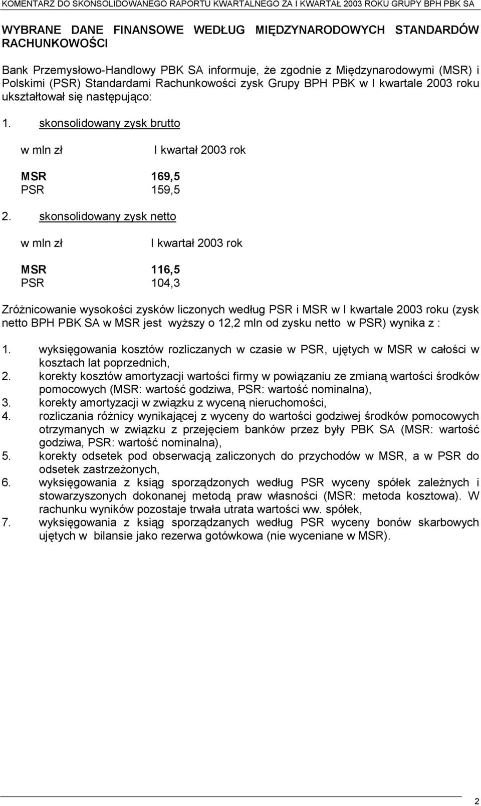 skonsolidowany zysk brutto w mln zł 2003 rok MSR 169,5 PSR 159,5 2.