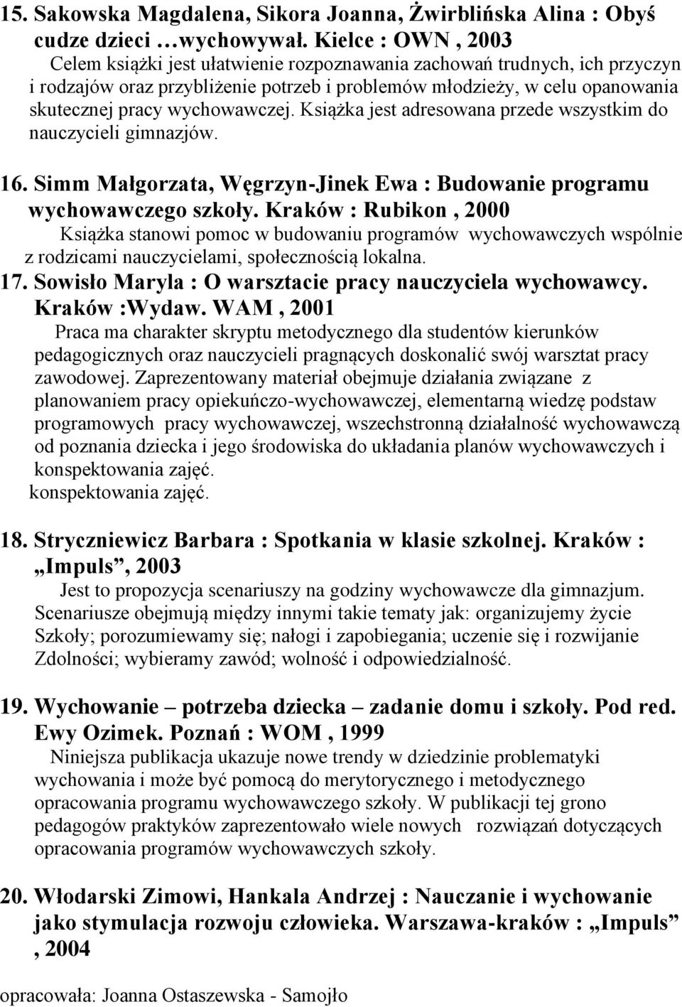 wychowawczej. Książka jest adresowana przede wszystkim do nauczycieli gimnazjów. 16. Simm Małgorzata, Węgrzyn-Jinek Ewa : Budowanie programu wychowawczego szkoły.