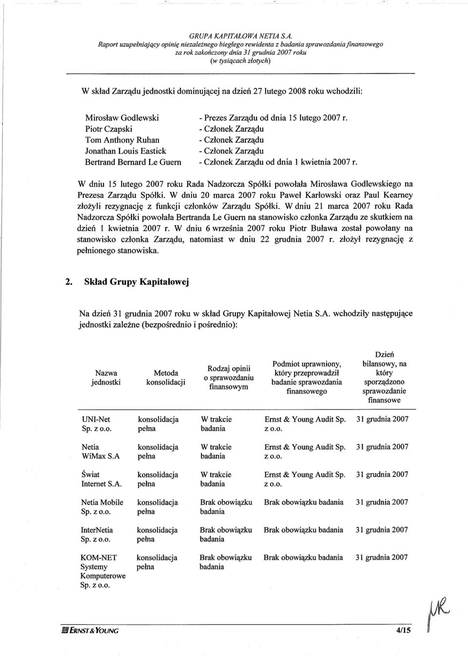 dominuj4cej nadziefi27 lutego 2008 roku wchodzili: Miroslaw Godlewski - Prezes Zarzqdu od dnia 15 lutego 2007 r.