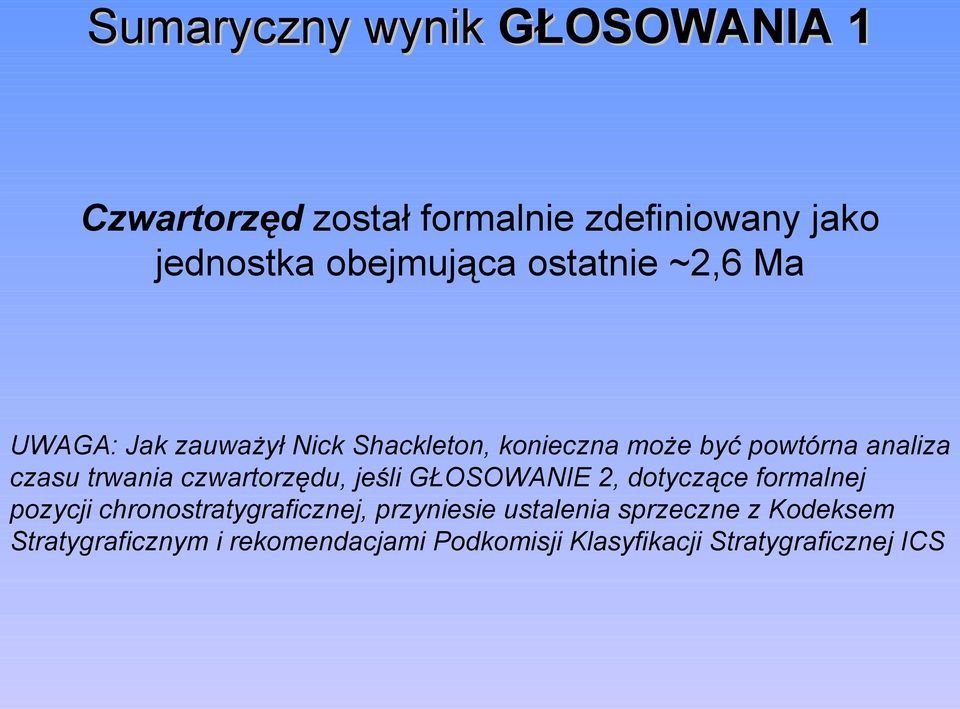 trwania czwartorzędu, jeśli GŁOSOWANIE 2, dotyczące formalnej pozycji chronostratygraficznej,