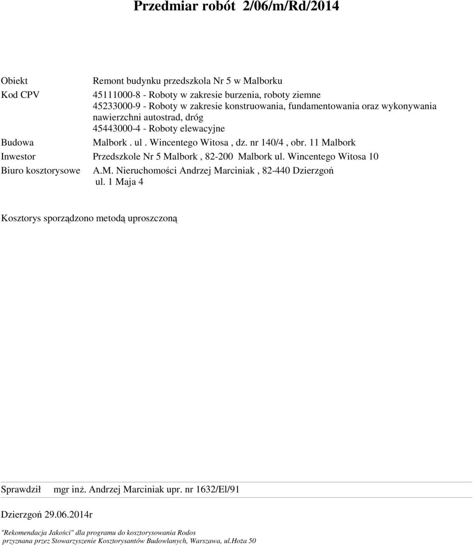 Wincentego Witosa 10 Biuro kosztorysowe A.M. Nieruchomości Andrzej Marciniak, 82-440 Dzierzgoń ul. 1 Maja 4 Kosztorys sporządzono metodą uproszczoną Sprawdził mgr inŝ.