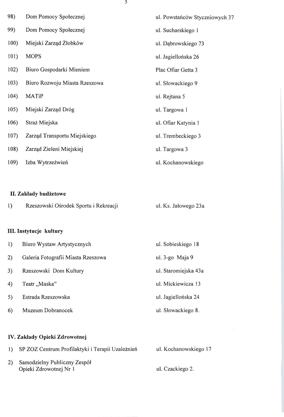 Jagiellonska 26 Plae Ofiar Getta 3 ul. Slowaekiego 9 ul. Rejtana 5 ul. Targowa 1 ul. Ofiar Katynia 1 ul. Trembeekiego 3 ul. Targowa 3 ul. Koehanowskiego II.