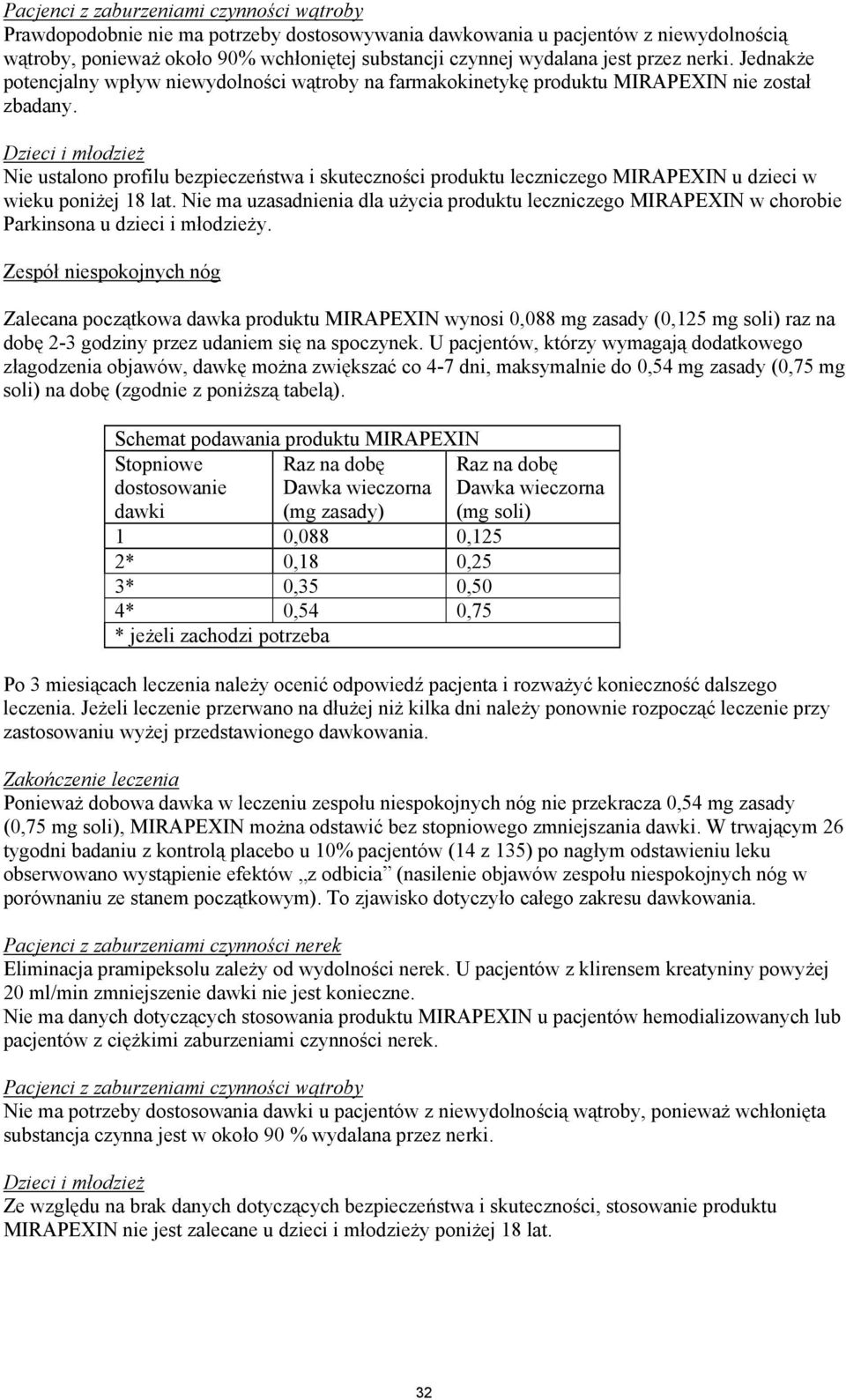 Dzieci i młodzież Nie ustalono profilu bezpieczeństwa i skuteczności produktu leczniczego MIRAPEXIN u dzieci w wieku poniżej 18 lat.