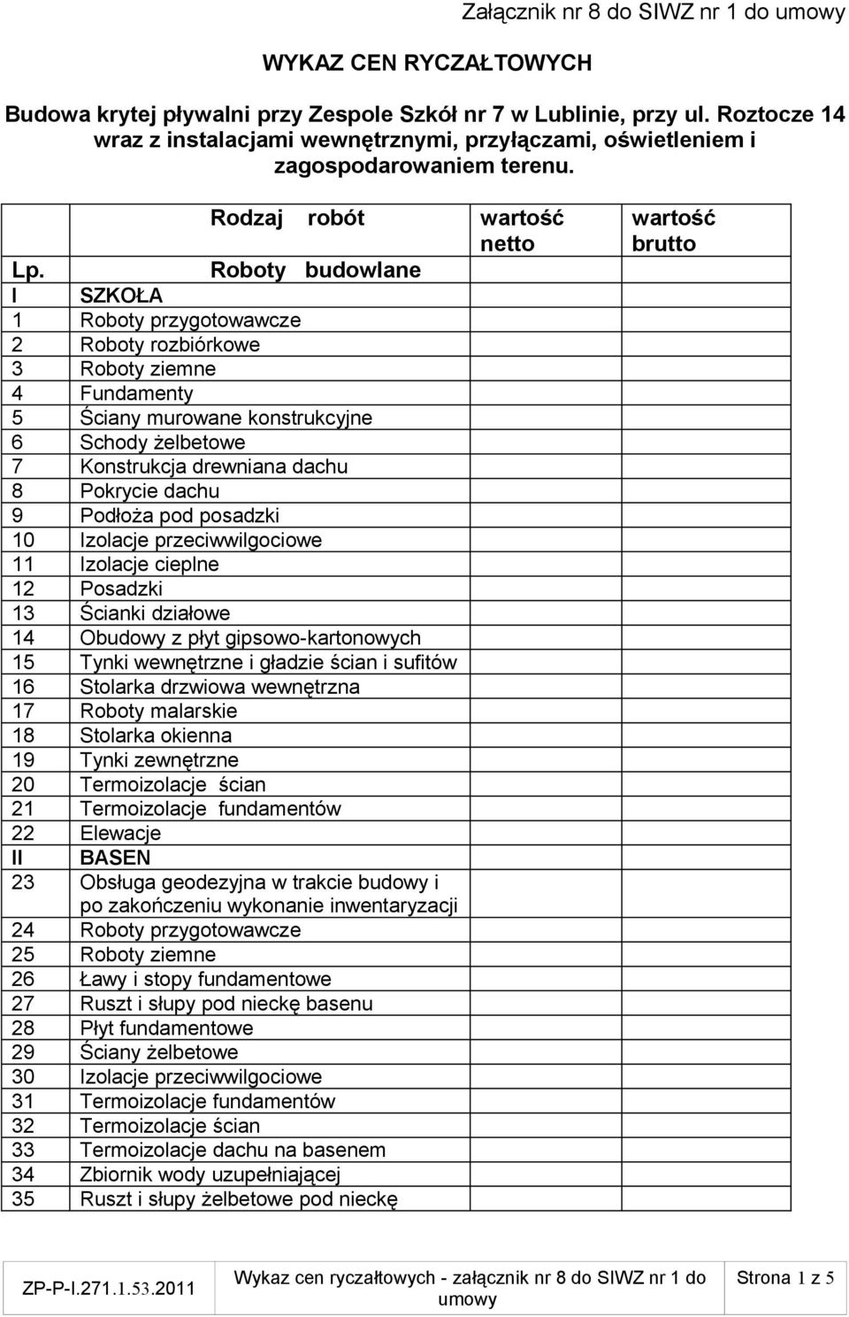 Roboty budowlane I SZKOŁA 1 Roboty przygotowawcze 2 Roboty rozbiórkowe 3 Roboty ziemne 4 Fundamenty 5 Ściany murowane konstrukcyjne 6 Schody żelbetowe 7 Konstrukcja drewniana dachu 8 Pokrycie dachu 9