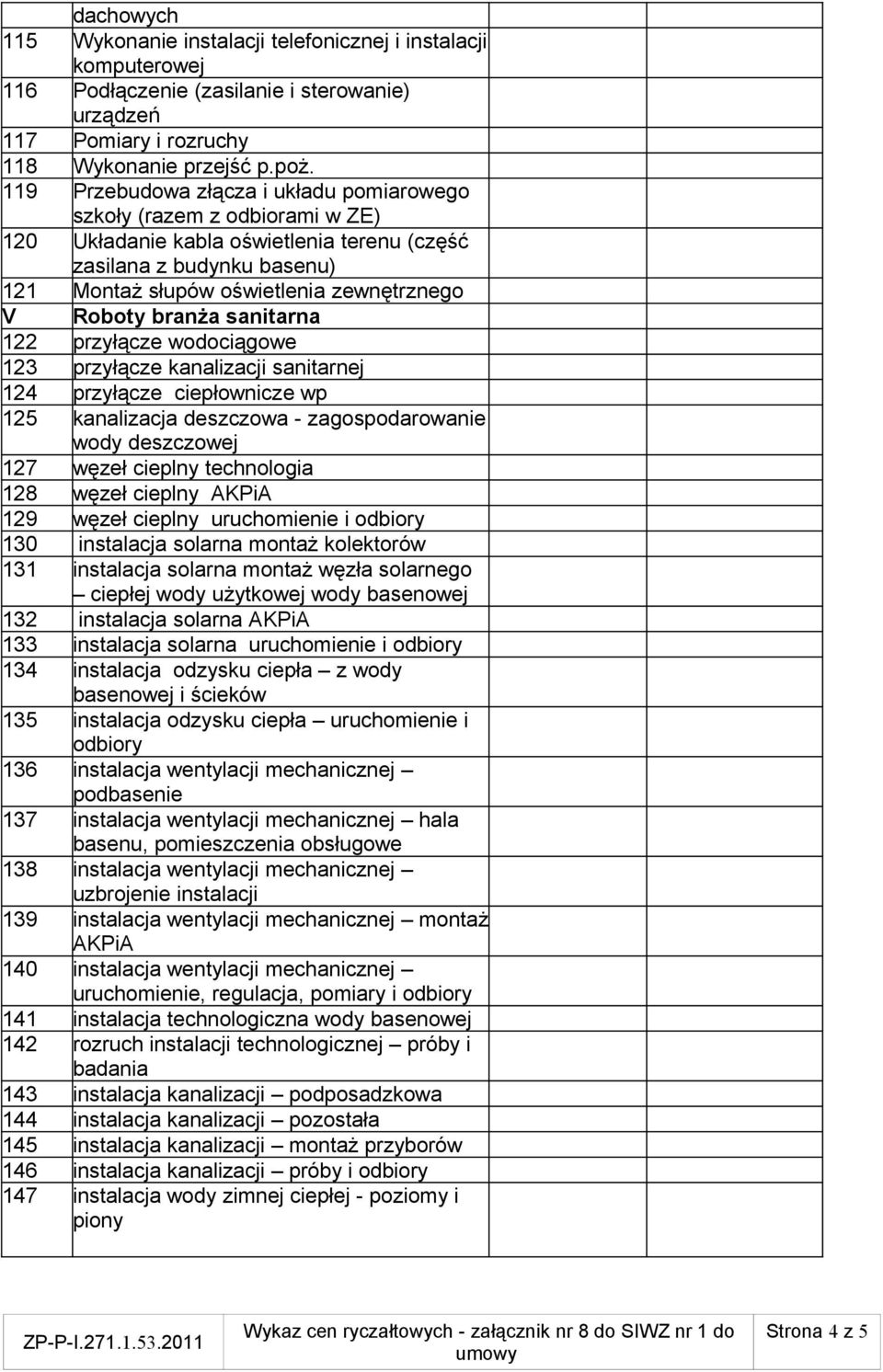 branża sanitarna 122 przyłącze wodociągowe 123 przyłącze kanalizacji sanitarnej 124 przyłącze ciepłownicze wp 125 kanalizacja deszczowa - zagospodarowanie wody deszczowej 127 węzeł cieplny