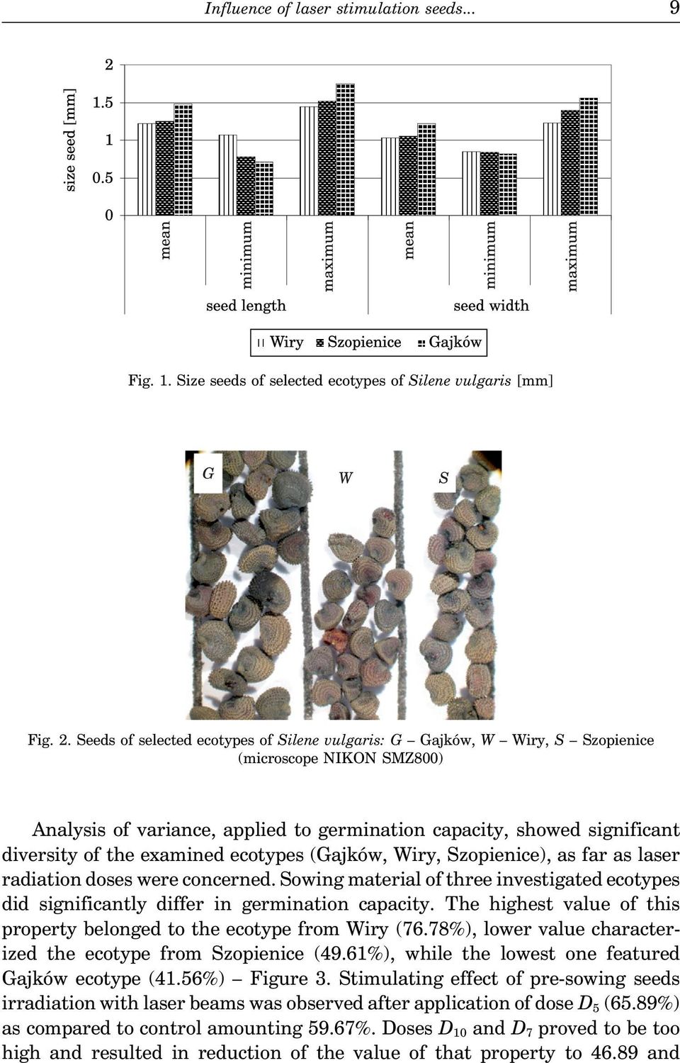 examined ecotypes (Gajków, Wiry, Szopienice), as far as laser radiation doses were concerned. Sowing material of three investigated ecotypes did significantly differ in germination capacity.