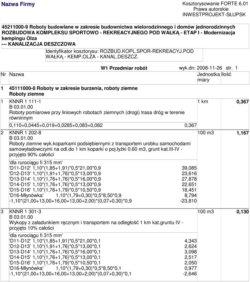 Modernizacja kempingu Olza --- KANALIZACJA DESZCZOWA Nr Nazwa Identyfikator kosztorysu: ROZBUD.KOPL.SPOR-REKREACYJ.POD WAŁKĄ - KEMP.OLZA - KANAL.DESZCZ. 1 45111000-8 Roboty w zakresie burzenia, roboty ziemne Roboty ziemne W1 Przedmiar robót wyk.