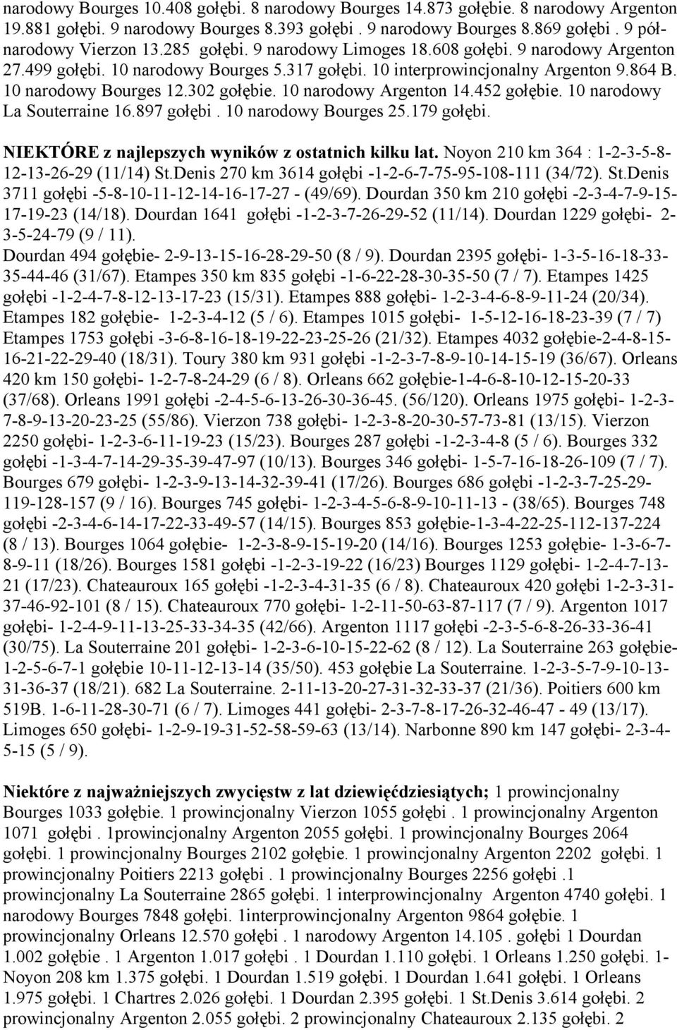 10 narodowy Argenton 14.452 gołębie. 10 narodowy La Souterraine 16.897 gołębi. 10 narodowy Bourges 25.179 gołębi. NIEKTÓRE z najlepszych wyników z ostatnich kilku lat.