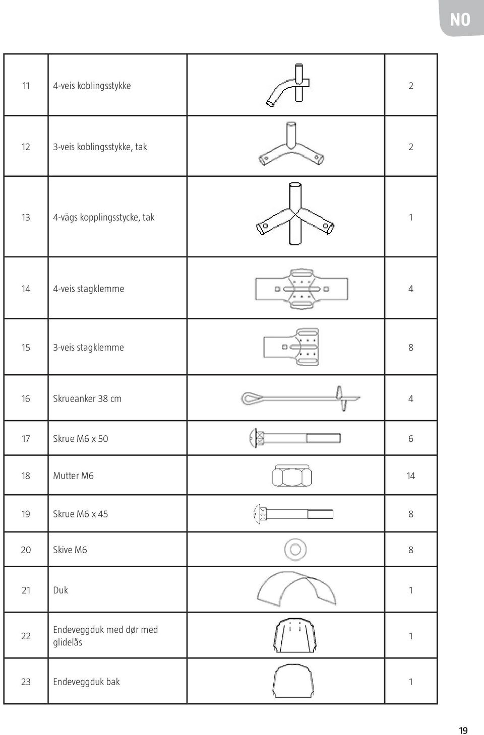 Skrueanker 38 cm 4 17 Skrue M6 x 50 6 18 Mutter M6 14 19 Skrue M6 x 45 8 20