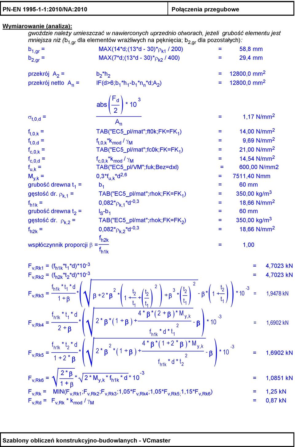 IF(d>6;b 1 *h 1 -b 1 *n n *d;a ) = 1800,0 mm σ t,0,d = F abs( d ) * 10 3 A n = 1,17 N/mm f t,0,k = TAB("EC5_pl/mat";ft0k;FK=FK 1 ) = 14,00 N/mm f t,0,d = f t,0,k *k mod / γ M = 9,69 N/mm f c,0,k =