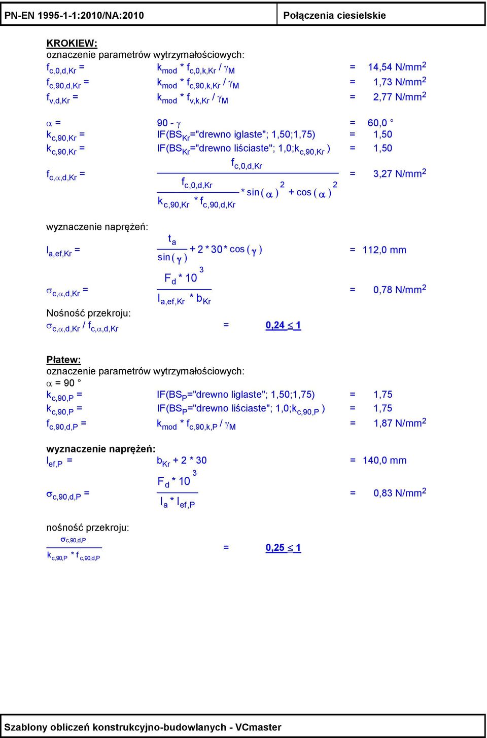 c,α,d,kr = f c,0,d,kr f c,0,d,kr * sin( α ) + cos( ) k c,90,kr * f c,90,d,kr α = 3,7 N/mm wyznaczenie naprężeń: l a,ef,kr = t a + * 30* cos( γ ) sin( γ ) = 11,0 mm F d * 10 3 σ c,α,d,kr = l a,ef,kr *