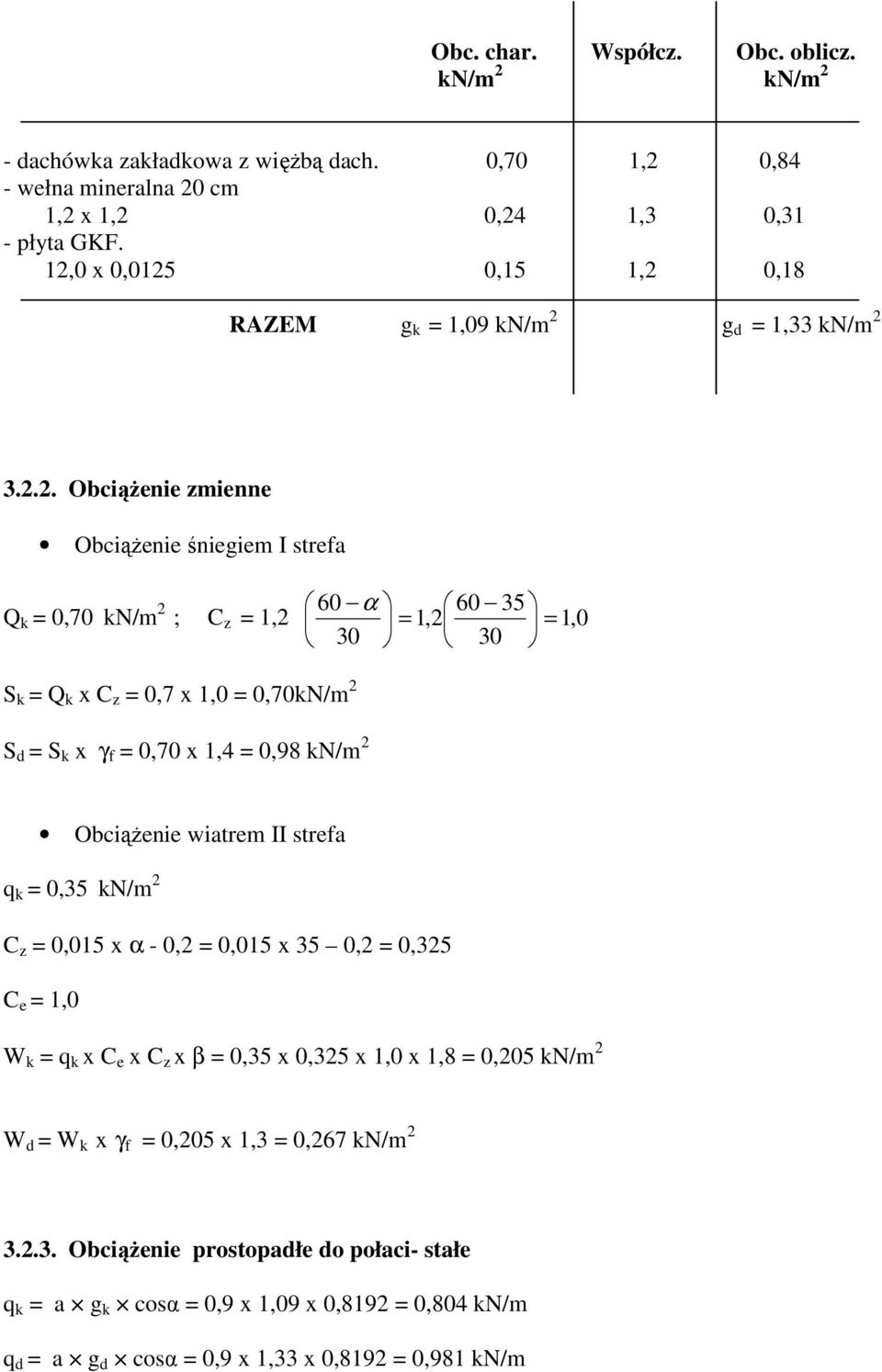 .. Obciążenie zmienne Obciążenie śniegiem I strefa Q 0,70 N/m 60 α 60 5 ; C z 1, 1, 1, 0 0 0 S Q x C z 0,7 x 1,0 0,70N/m S S x γ f 0,70 x 1, 0,98 N/m