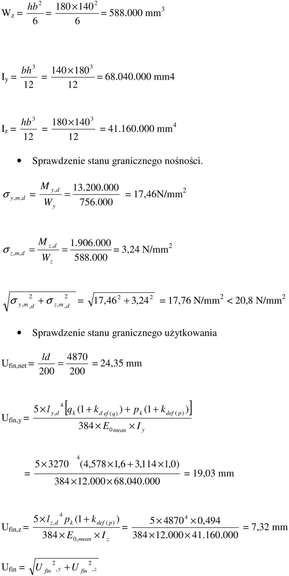 000 z y, m σ, z, m, σ + 17,6 +, 17,76 N/mm < 0,8 N/mm Sprawzenie stanu granicznego użytowania U fin,net l 870 00 00,5 mm U fin,y l y, [