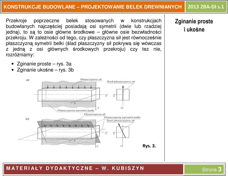 W zależności od tego, czy płaszczyzna sił jest równocześnie płaszczyzną symetrii belki (ślad płaszczyzny sił pokrywa się wówczas z