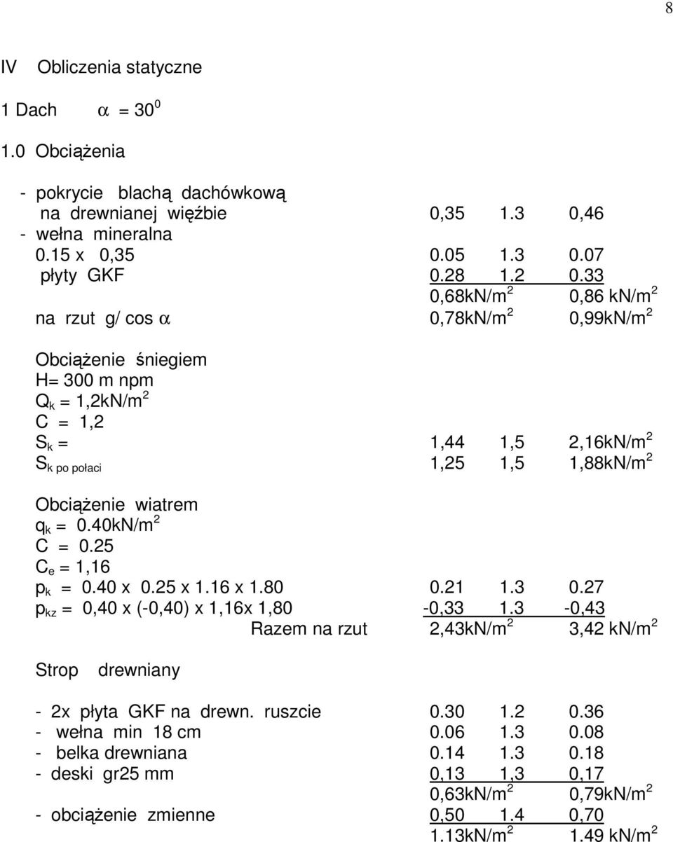 wiatrem q k = 0.40kN/m 2 C = 0.25 C e = 1,16 p k = 0.40 x 0.25 x 1.16 x 1.80 0.21 1.3 0.27 p kz = 0,40 x (-0,40) x 1,16x 1,80-0,33 1.