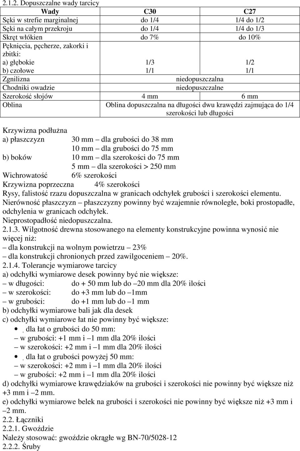 lub długości Krzywizna podłuŝna a) płaszczyzn 30 mm dla grubości do 38 mm 10 mm dla grubości do 75 mm b) boków 10 mm dla szerokości do 75 mm 5 mm dla szerokości > 250 mm Wichrowatość 6% szerokości