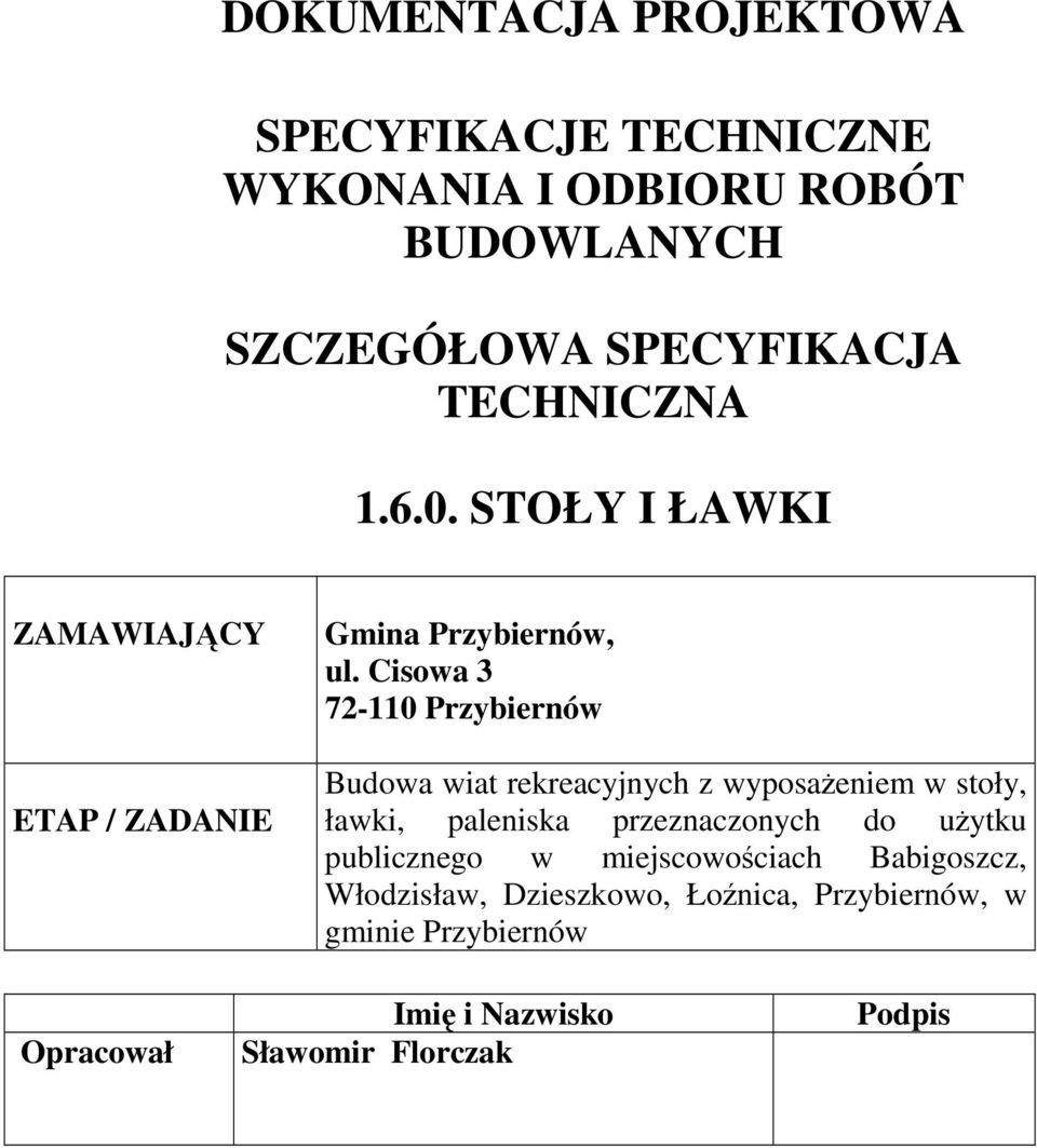 Cisowa 3 72-110 Przybiernów Budowa wiat rekreacyjnych z wyposażeniem w stoły, ławki, paleniska przeznaczonych do