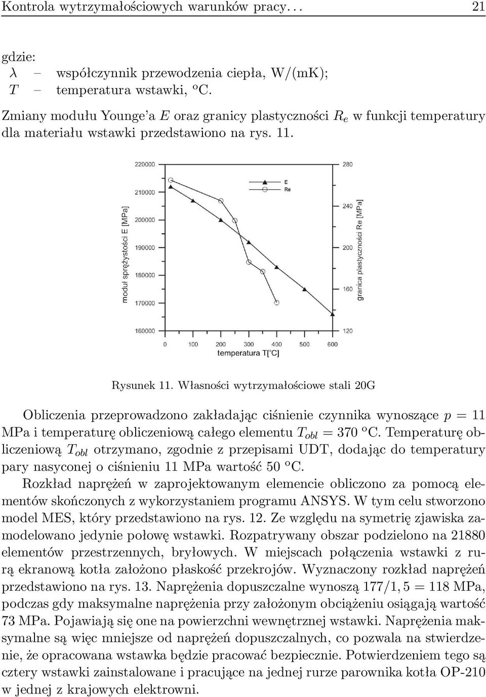 Własności wytrzymałościowe stali 20G Obliczenia przeprowadzono zakładając ciśnienie czynnika wynoszące p = 11 MPaitemperaturęobliczeniowącałegoelementu T obl = 370 o C.