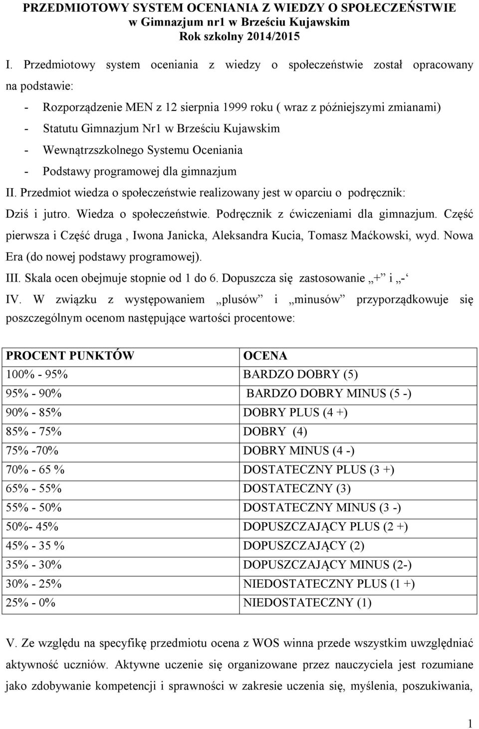 Kujawskim - Wewnątrzszkolnego Systemu Oceniania - Podstawy programowej dla gimnazjum II. Przedmiot wiedza o społeczeństwie realizowany jest w oparciu o podręcznik: Dziś i jutro.