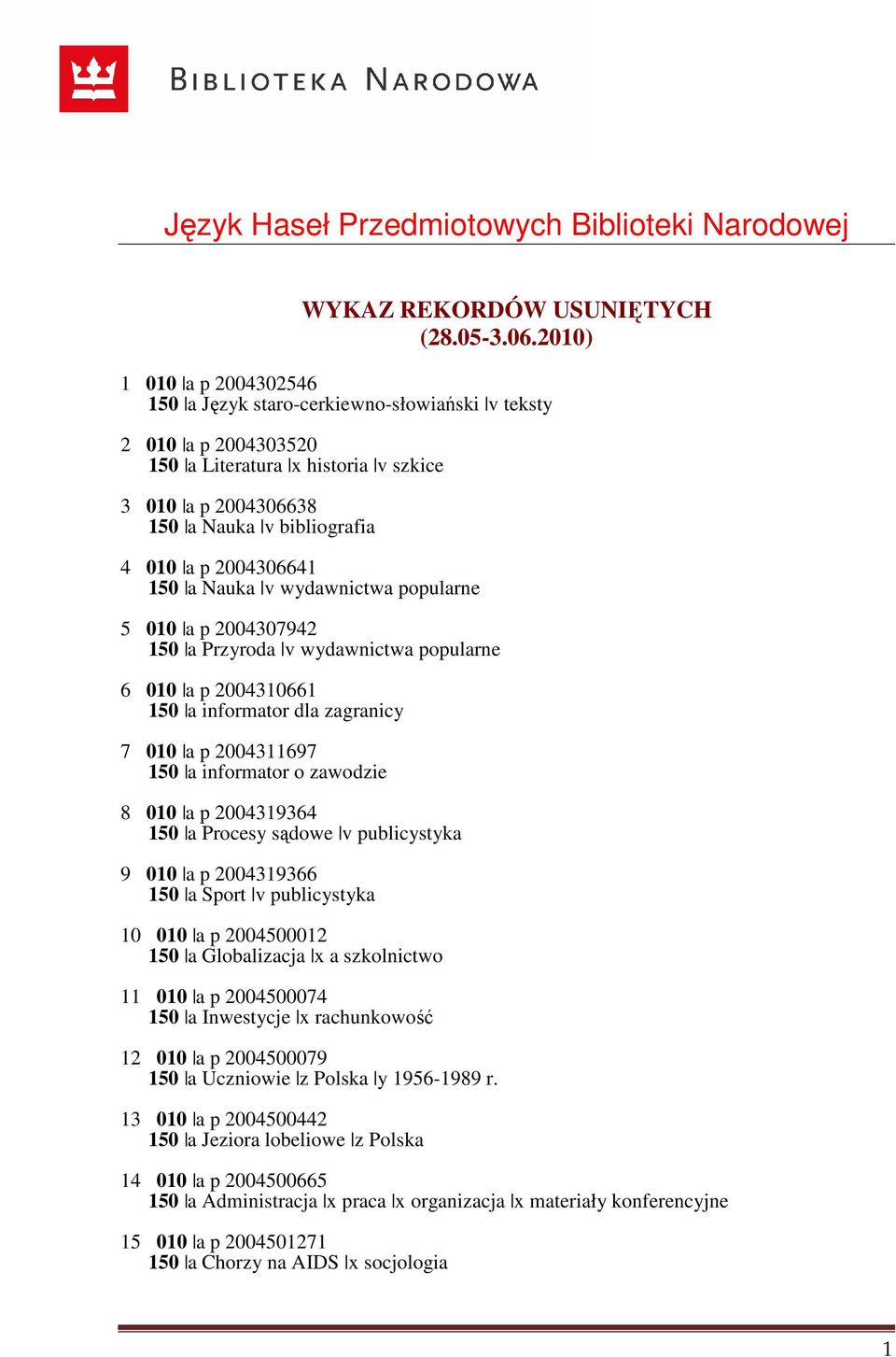 2004306641 150 a Nauka v wydawnictwa popularne 5 010 a p 2004307942 150 a Przyroda v wydawnictwa popularne 6 010 a p 2004310661 150 a informator dla zagranicy 7 010 a p 2004311697 150 a informator o