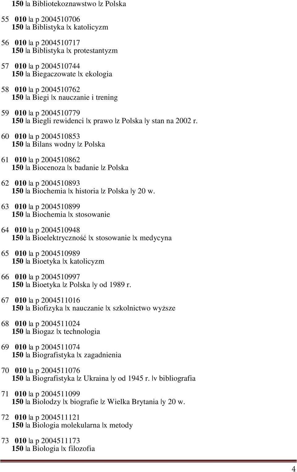 60 010 a p 2004510853 150 a Bilans wodny z Polska 61 010 a p 2004510862 150 a Biocenoza x badanie z Polska 62 010 a p 2004510893 150 a Biochemia x historia z Polska y 20 w.