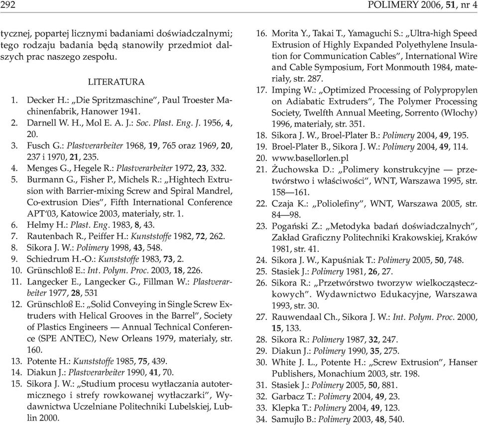 : Plastverarbeiter 1968, 19, 765 oraz 1969, 20, 237 i 1970, 21, 235. 4. Menges G., Hegele R.: Plastverarbeiter 1972, 23, 332. 5. Burmann G., Fisher P., Michels R.