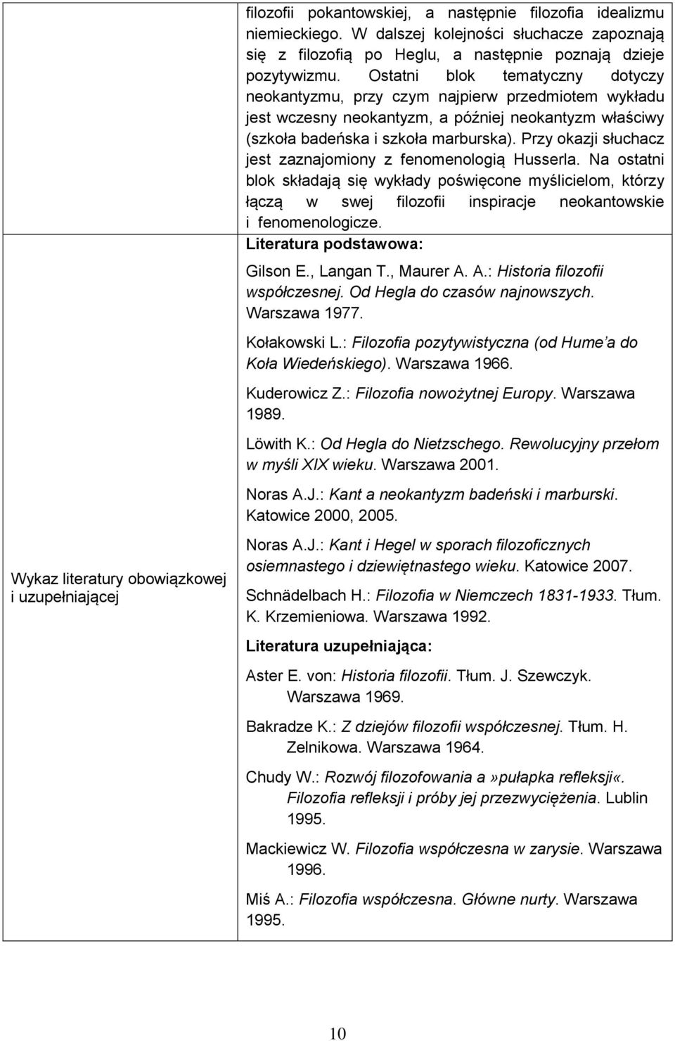 Ostatni blok tematyczny dotyczy neokantyzmu, przy czym najpierw przedmiotem wykładu jest wczesny neokantyzm, a później neokantyzm właściwy (szkoła badeńska i szkoła marburska).