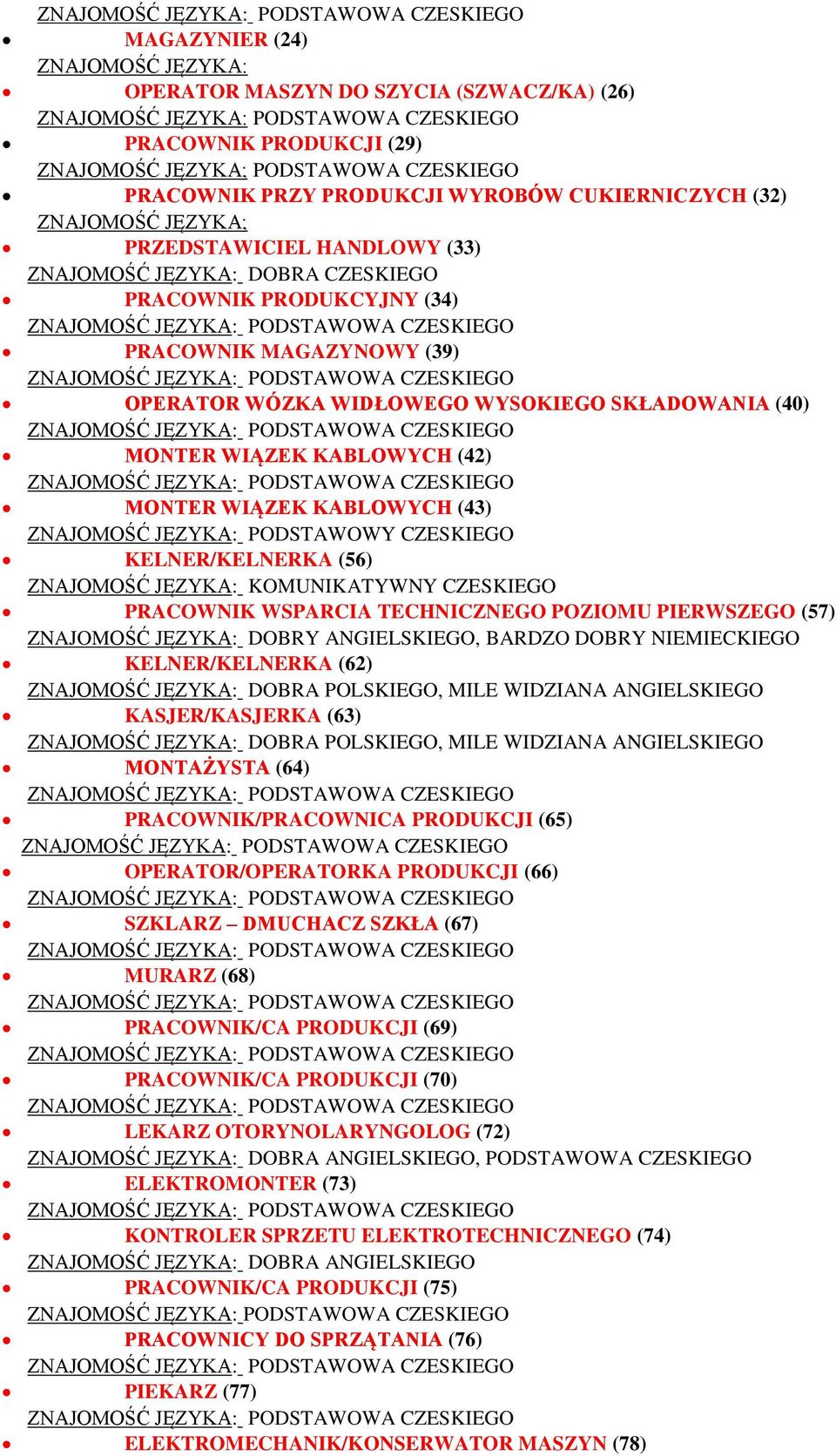 KABLOWYCH (43) PODSTAWOWY CZESKIEGO KELNER/KELNERKA (56) KOMUNIKATYWNY CZESKIEGO PRACOWNIK WSPARCIA TECHNICZNEGO POZIOMU PIERWSZEGO (57) DOBRY ANGIELSKIEGO, BARDZO DOBRY NIEMIECKIEGO KELNER/KELNERKA