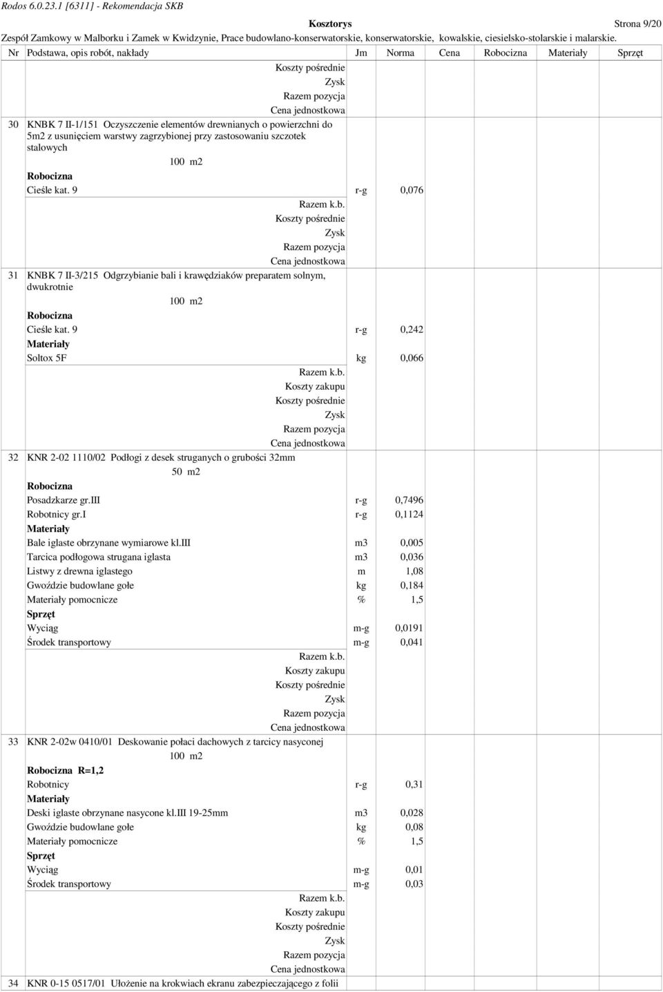 9 r-g 0,242 Soltox 5F kg 0,066 32 KNR 2-02 1110/02 Podłogi z desek struganych o grubości 32mm 50 m2 Posadzkarze gr.iii r-g 0,7496 Robotnicy gr.i r-g 0,1124 Bale iglaste obrzynane wymiarowe kl.