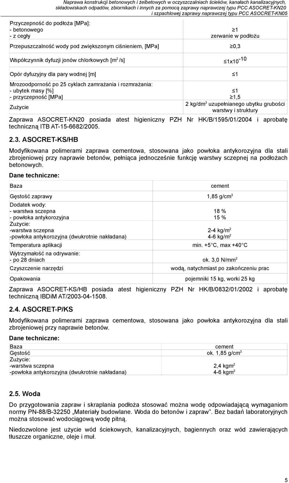 przyczepność [MPa] Zużycie 1 1 1,5 2 kg/dm 3 uzupełnianego ubytku grubości warstwy i struktury Zaprawa ASOCRET-KN20 posiada atest higieniczny PZH Nr HK/B/1595/01/2004 i aprobatę techniczną ITB