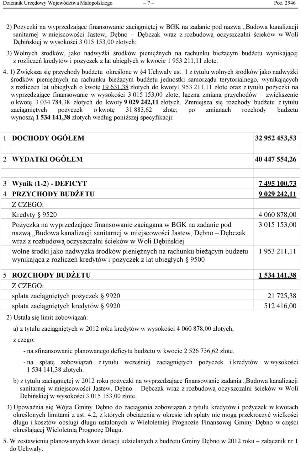 Dębińskiej w wysokości 3 015 153,00 złotych; 3) Wolnych środków, jako nadwyżki środków pieniężnych na rachunku bieżącym budżetu wynikającej z rozliczeń kredytów i pożyczek z lat ubiegłych w kwocie 1